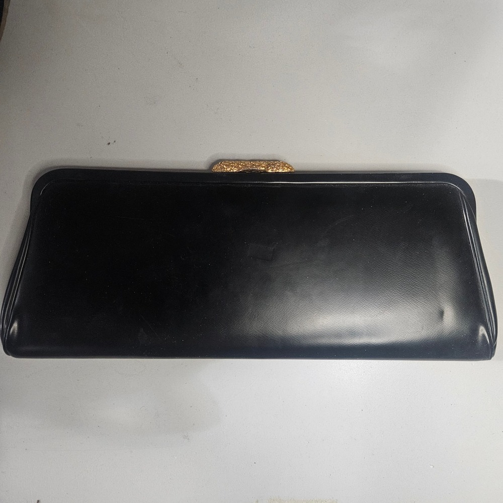 Theodor California Vintage Black Leather Clutch Gold Clasp Evening Bag 60s 50s
